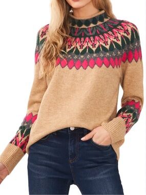 Cece Funnel Neck Fair Isle Sweater Size Large NWT